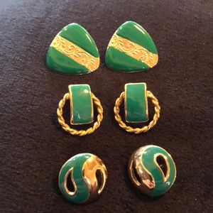 ✅ Set of 3 Green & Gold Vintage Post Earrings